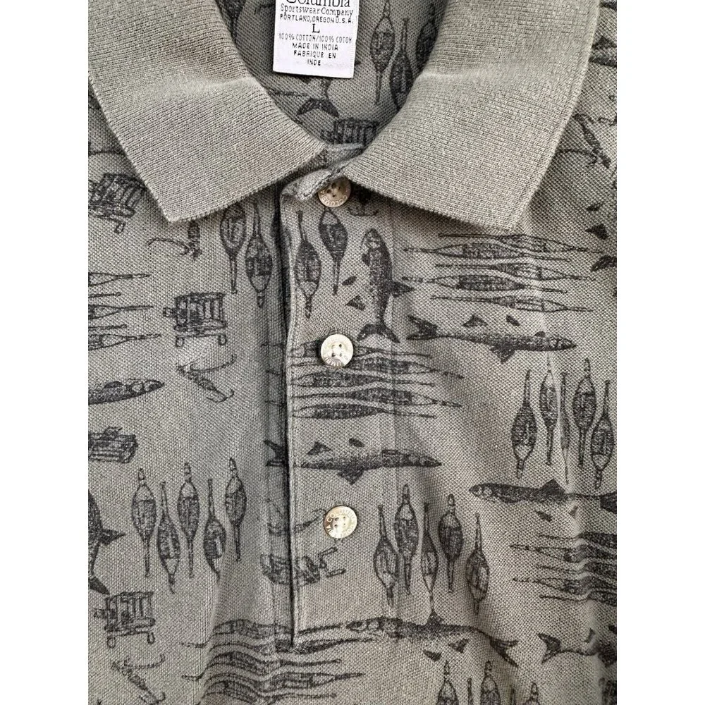 Columbia Polo Shirt Mens Large Fish Print All Over Green Golf‎ Hiking Outdoors